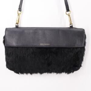 Pour La Victoire Handbag Women S Black Leather Rabbit Fur 2 Side Envelope Clutch